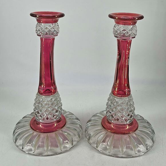 Vintage Tiffin Glass Cranberry Baronial Candlestick candle Holder Set of 2 - Picture 1 of 3